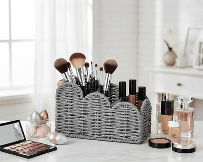 CubesLand Bedside Table Desk Organizer Caddy, Remote Pen&Pencil Holder Cup | Makeup Brush Holder w/Scalloped Perfect for Home, Office Desk, Living Room Table Decor, 3 Slots Neutral