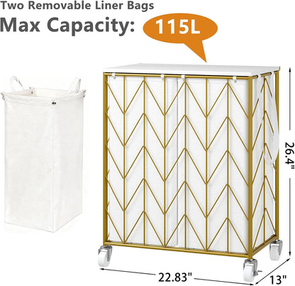 WOWLIVE Laundry Hamper 3 Section with Lid, 142L Laundry Basket with Wheels | Rolling Dirty Clothes Hamper with Removable Bags, Large Iron-Made Laundry Basket Organizer Laundry Sorter for Dorm, Beige