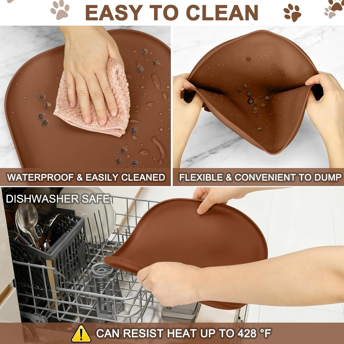 SMILOOL Waterproof Silicone Pet Food Mat with Raised Edge for Dog & Cat | 19" x 12" Non-Slip Pet Feeding Mats with Lip for Food & Water Bowl, Food Grade, Easy Cleaning, Black