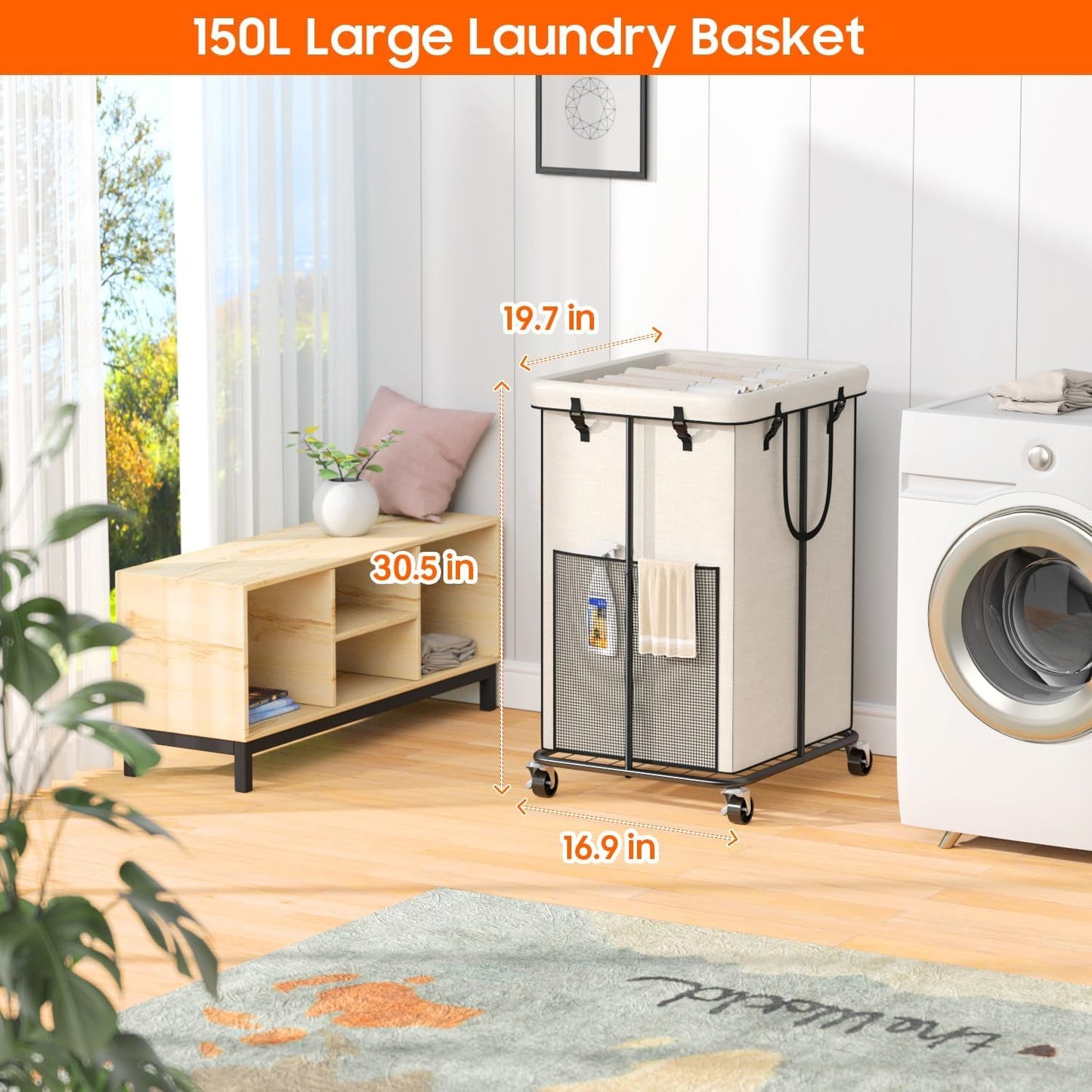 Laundry Hamper with Wheels, 150L Rolling Laundry Basket with Bag & Handles | Sturdy Metal Frame | Removable Bag | Large & Tall Dirty Clothes Hampers for Laundry Room, Bedroom, Dorm, Bathroom-Black