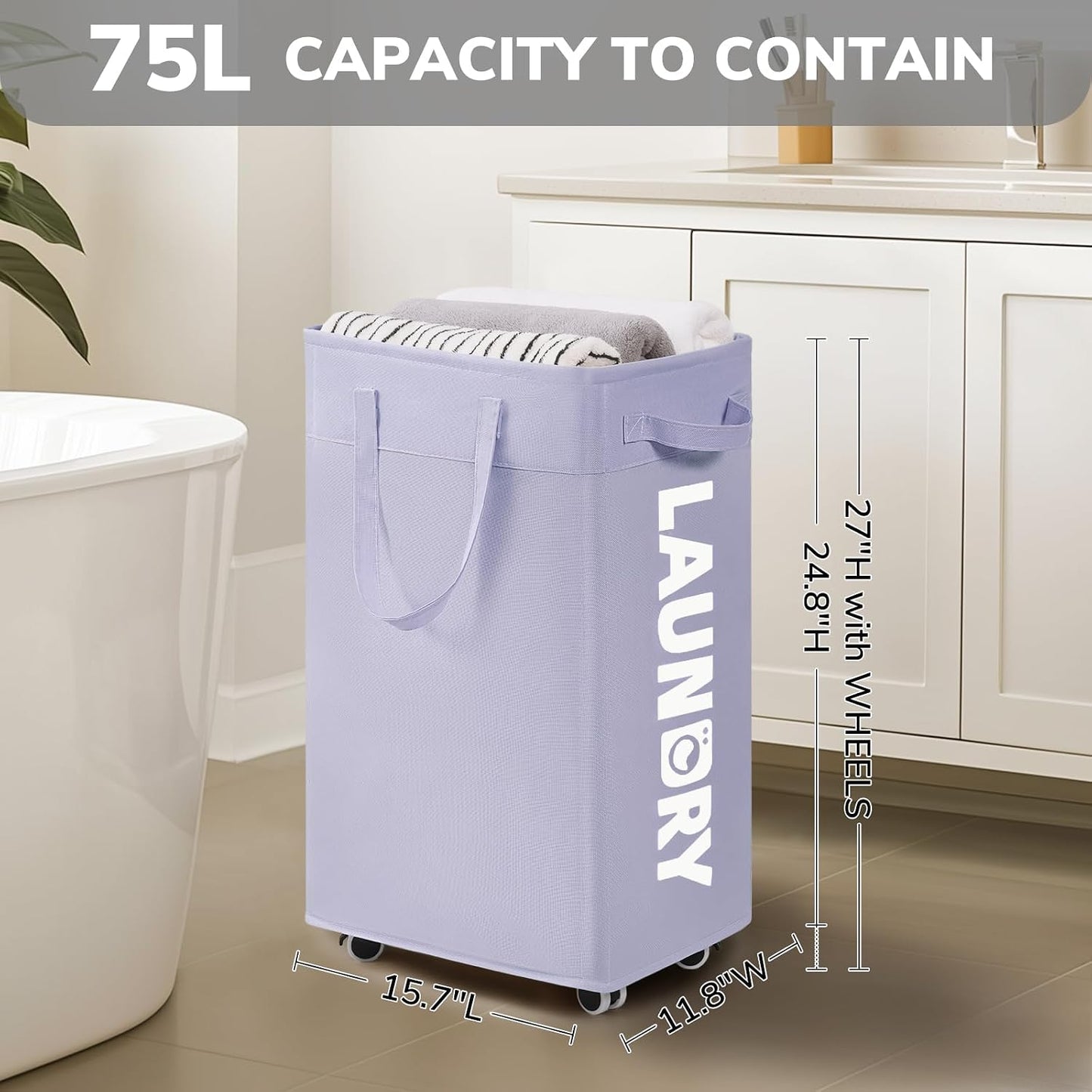 Goodpick 75L Laundry Basket with Wheels & Removable Wash Bag for Dorm | Rolling Laundry Basket with Handles for Dirty Clothes, Fodable Hamper for Laundry Room, Dorm Room Essentials, Grey