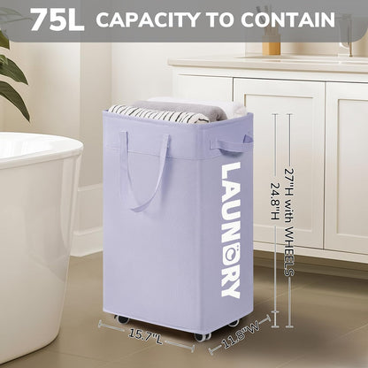 Goodpick 75L Laundry Basket with Wheels & Removable Wash Bag for Dorm | Rolling Laundry Basket with Handles for Dirty Clothes, Fodable Hamper for Laundry Room, Dorm Room Essentials, Grey