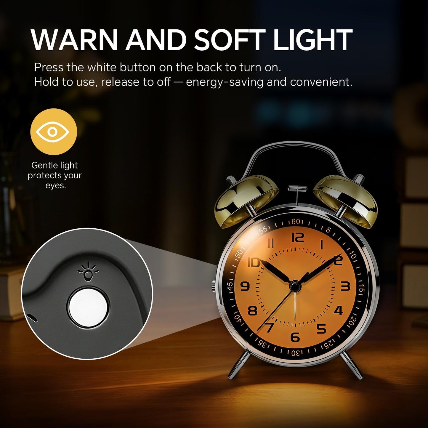 4.5" Metal Loud Alarm Clock for Heavy Sleepers Adults, Analog Battery Operated Alarm Clock with Bells Glow in Dark Numbers, Silent Old School Bedside Desk Clock for Bedroom Office Kids, Black