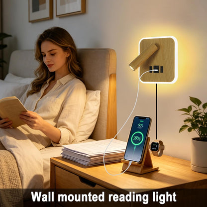 Plug in Wall Sconce with Wall Mounted Reading Lights with Switch | Wall Lamp for Bedroom with Charging Station USB C+A Ports,Bunk Bed Lights with 3W+9W Night Light,Walnut Color Reading Light