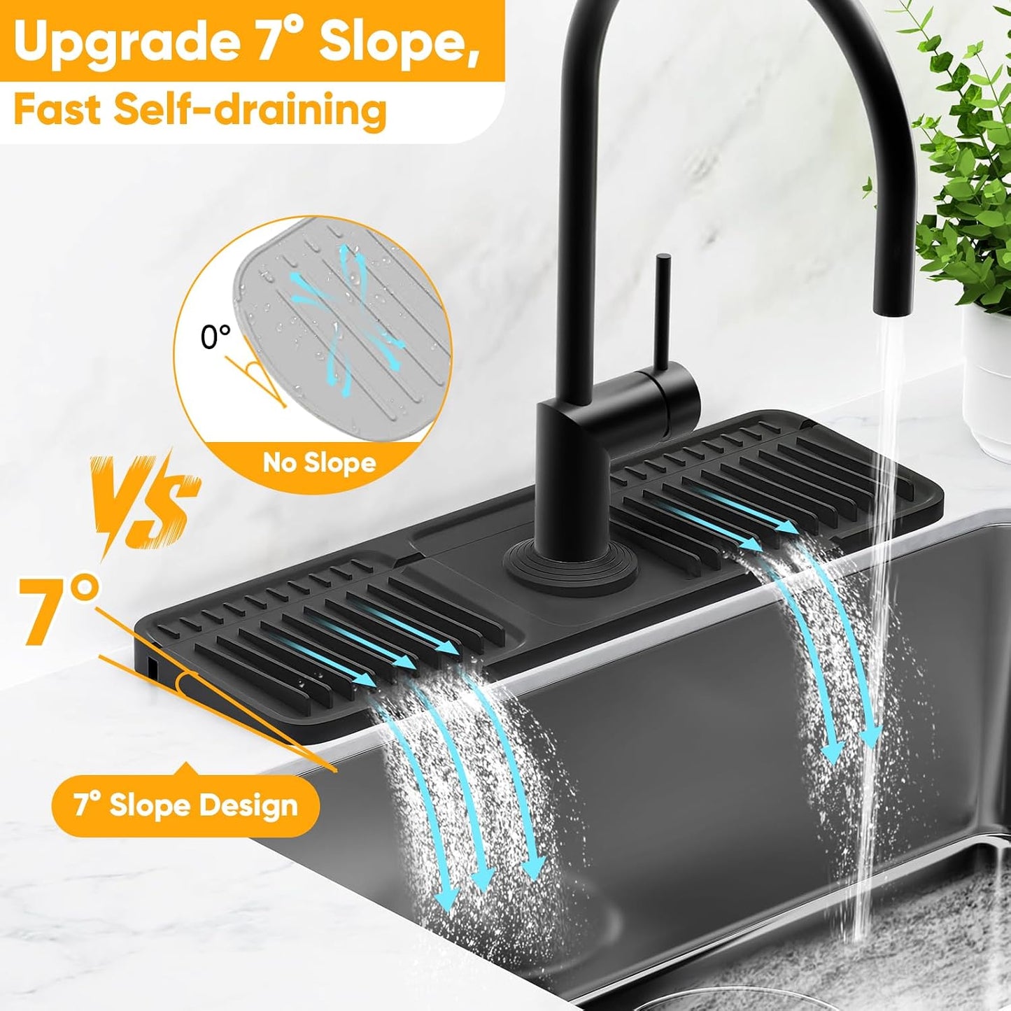24'' Longer Faucet Mat for Kitchen Sink Splash Guard[7° Slope Fast Self-draining][Snap Lock Fit]Kitchen Sink Faucet Mat Splash Guard Kitchen Sink Area Water Splash Guard Behind Faucet Draining Mat