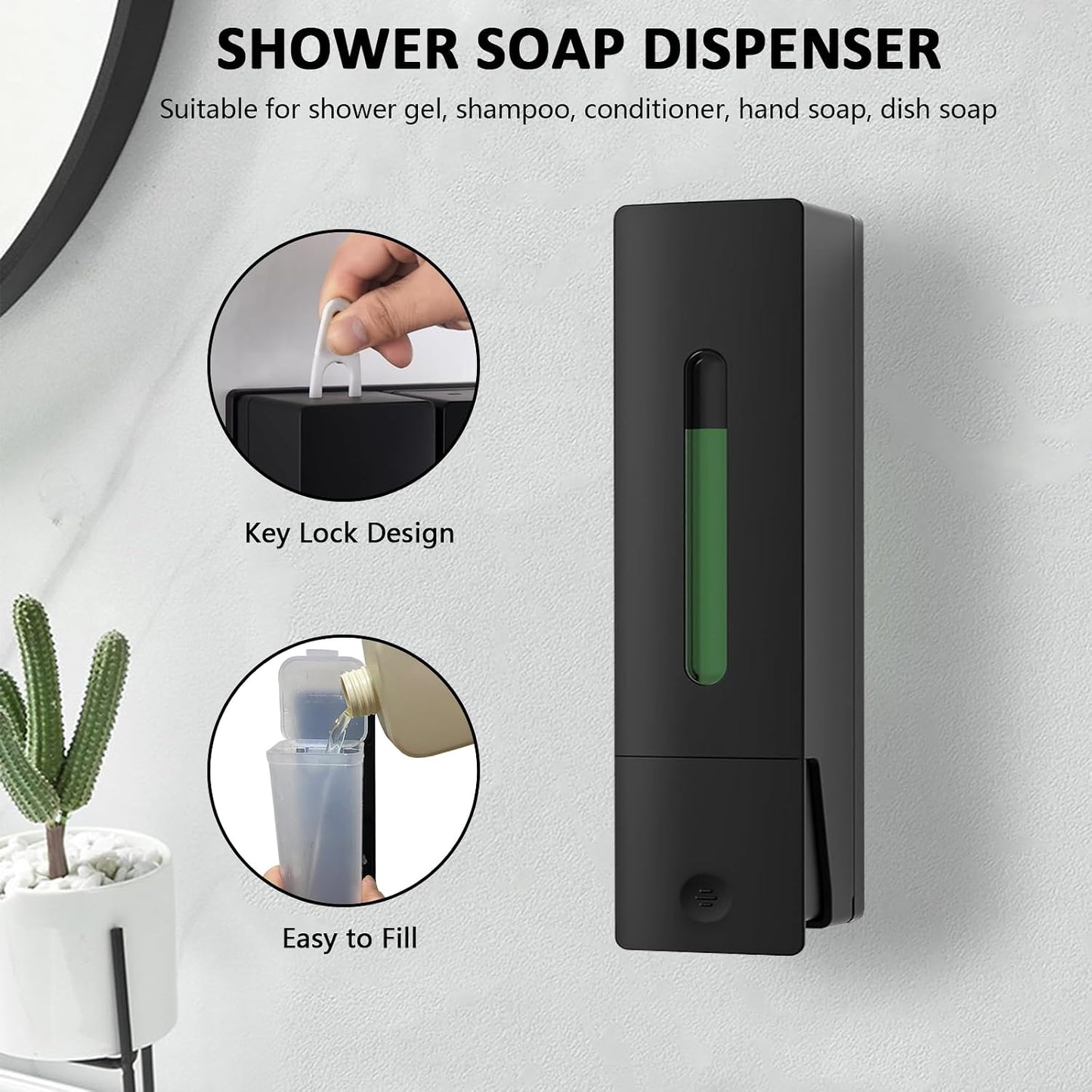 Single Wall Mounted Hand Soap Dispenser, 13.5oz/400ml Black Showe | Clear Refillable Liquid Lotion Soap Dispenser, Gel Container Shower Pump Dispenser and Organizer for Bathroom Kitchen