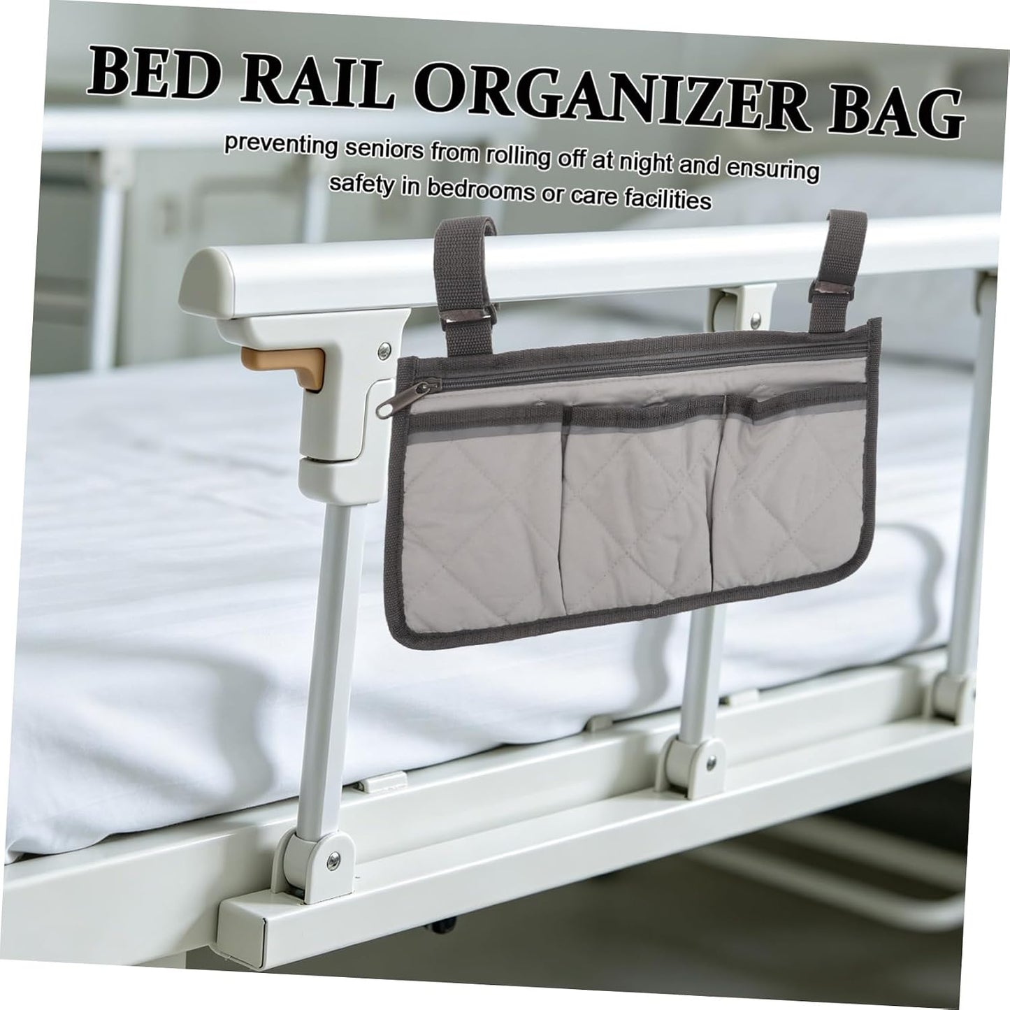 Bed Rail Organizer with 4 Pockets, Safety Bed Assist Rail Storage Bag with Cup Holder, Gray Bedside Caddy for Mobility Aid and Hospital Use