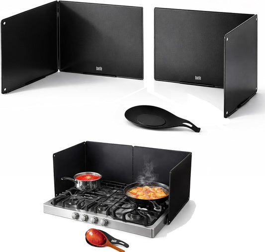 Foldable, Nonstick, Grease Splatter Guard for Stove Top by Baetle– Heavy-Duty Stainless Steel Oil Splash Shield, Premium Black Style, 29.5" Wide Back Panel, 13.6" Deep–with Spoon Rest