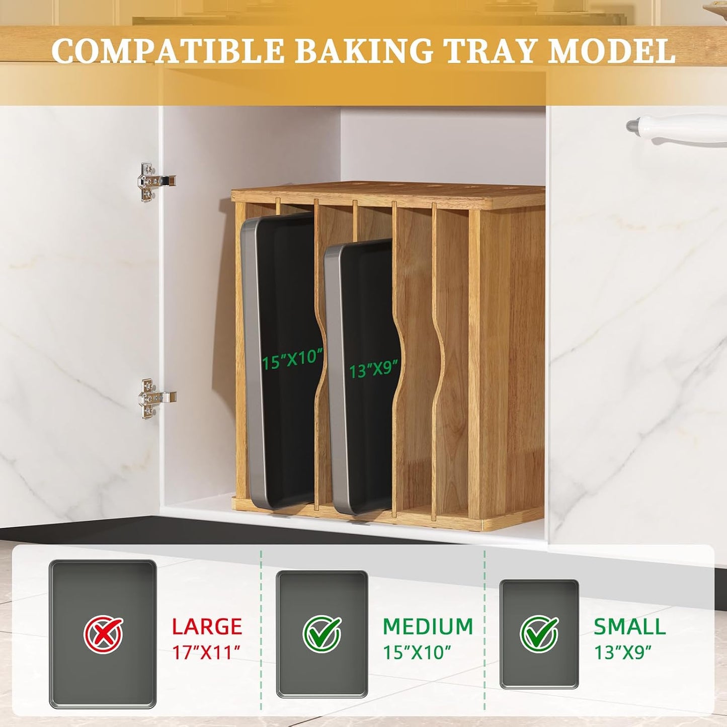 4 Tier Rubber Wooden Tray Dividers for Cabinets, Cookie Sheet Organizer | Heavy Weight, Premium Wood, Multiple Sizes, Saving Space, Vertical Tray Dividers for Storing pans, Baking tray, Cutting Board