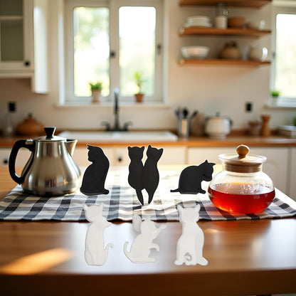 6Pcs Black and White Heat-Resistant Silicone Tea Bag Clips Set - Cartoon Cat-Shaped Reusable Holders for Drinks, Food Markers, Squeezer, and Accessories