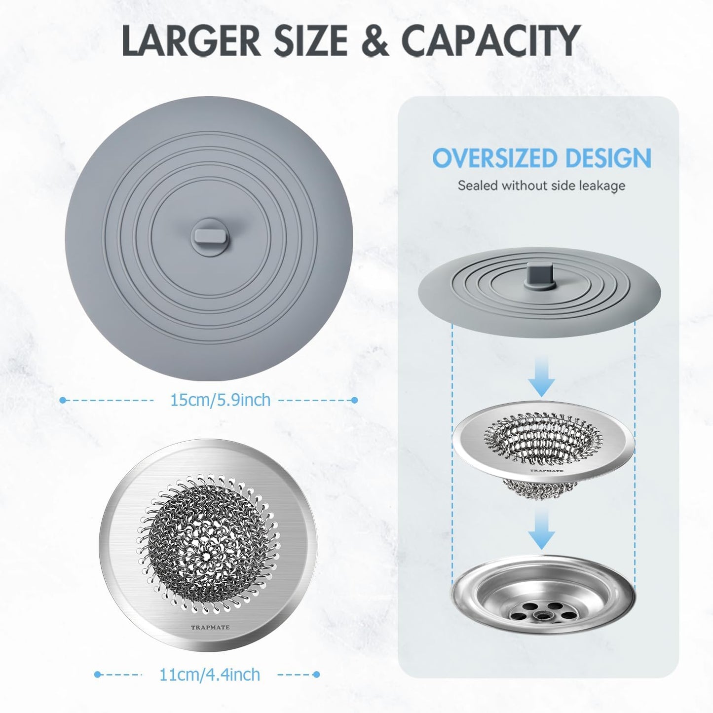 Reversible Kitchen Sink Drain Strainer Basket, Fits Sink & Garbage Disposal | Fast Drainage, Anti-Slip, Easy Clean, Anti-Clogging, Rust-Proof, Large Capacity, Universal 4.4-Inch, Patented Chain Mesh