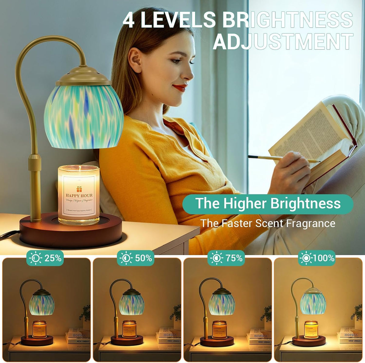 Candle Warmer Lamp - Electric Candle Lamps Timer Dimmer, Sunflower Tiffany Style Stained Glass Candle Warming Lamp Compatible with Jar Candles Valentine Birthday Gifts for Mom Friend Wax Melt Warmer