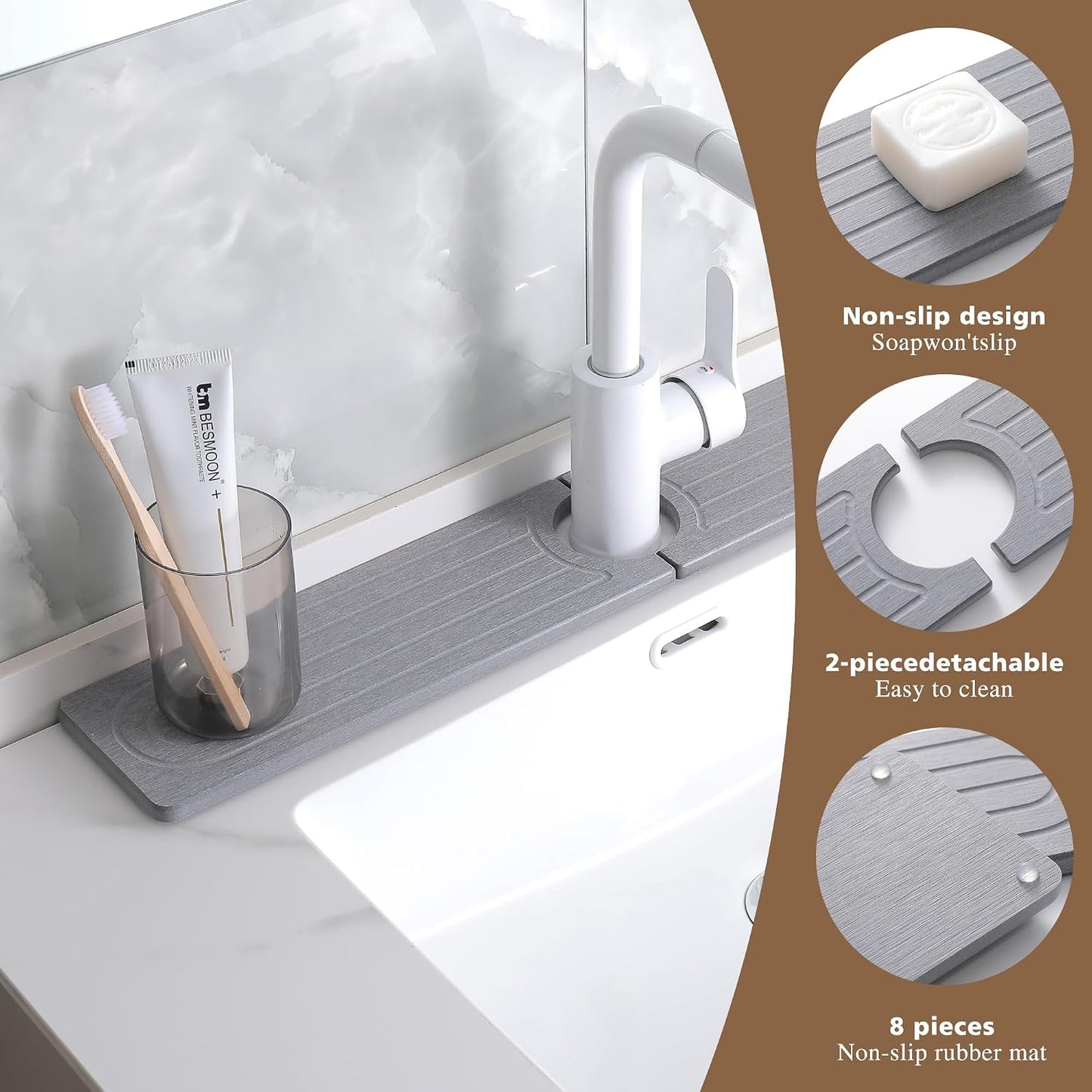 Diatomite Faucet Mat for Kitchen Sink, Quick-Dry Stone-Like Sink Mat, Flat Lay Absorbent Countertop Drying Mat for Faucet Area, Hard Diatomite Mat, Gray, 23.6 x 4 in
