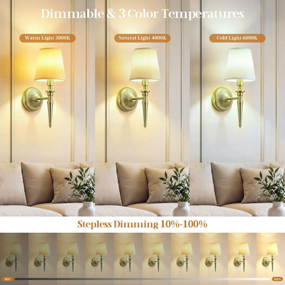 Battery Operated Wall Sconces Set of 2, Wireless Rechargeable Wall Lights with 12 RGB Colors and 3CCT Dimmable, Small Fabric LED Wall Lamps for Bedroom, Living Room, Hallway, Gold