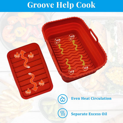 Daily Treasures 2-Pack Foldable Air Fryer Liners For Dual Air Fryer With 1-Pack Oil Sprayer Dispenser, Reusable Silicone Liner In Red