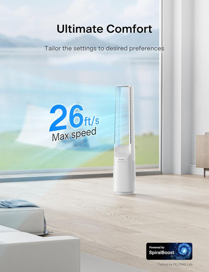 PELONIS 40" 90° Oscillation Bladeless Fan for Bedroom with Remote, White | Bladeless Cooling Tower Fan with 6 Speeds, 4 Modes, 26 ft/s, Brushless DC Motor, Quiet 22dB, 7-Hr Timer for Home, Office Use