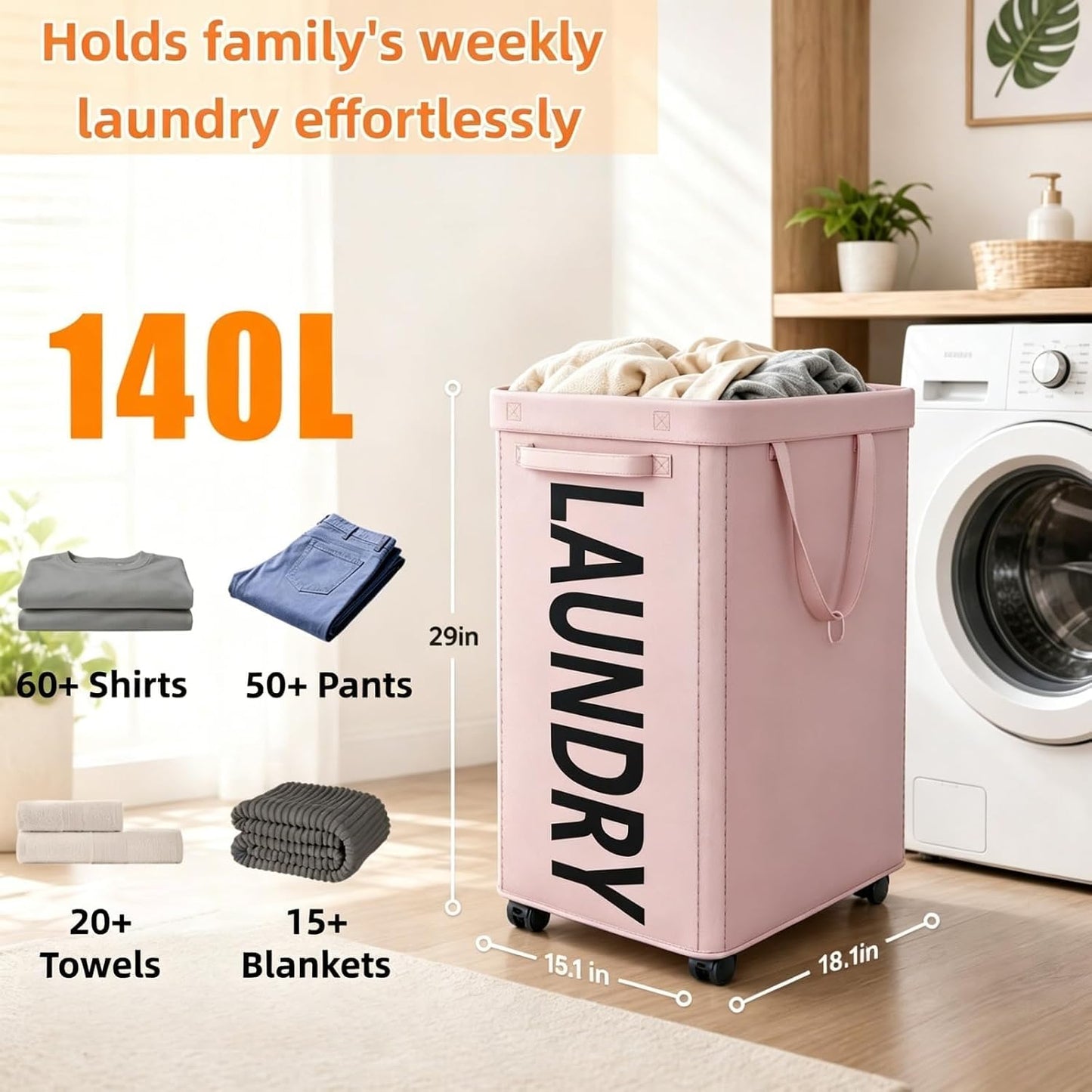 Optish Laundry Basket with Wheels, 90L Rolling Laundry Hamper with Wheels, Large Clothes Hamper on Wheel with Removable Mesh Bag for Bedroom, Dorm Room Essentials, Black