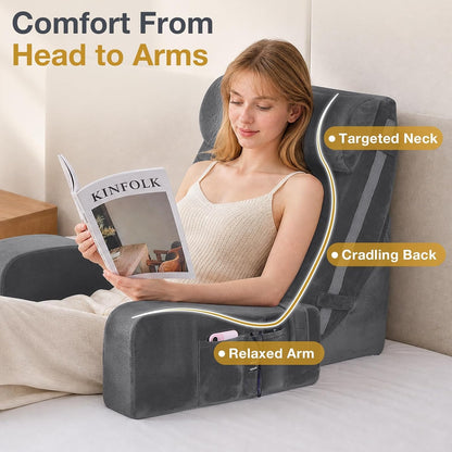 Sasttie 15-25 inch Adjustable Reading Pillow with Armrests, Dark Grey | Back Rest Pillow with Secure Side Straps, Memory Foam Back Support Cushion Bed Chair for Reading, Gaming & Relaxing