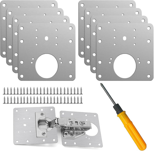 8 Pcs Stainless Steel Cabinet Hinge Repair Plate Kit with Screws and Mounting Tools for Wooden Kitchen Cabinets and Doors