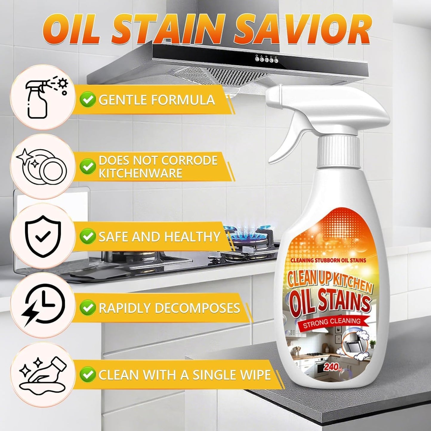 New Upgrade Kitchen Cleaner, Clean Up Kitchen Oil Stains Spray, Multi-purpose Oils Stain Cleaner, Clean Up Kitchens Oil Stains(240ml/8.45oz)