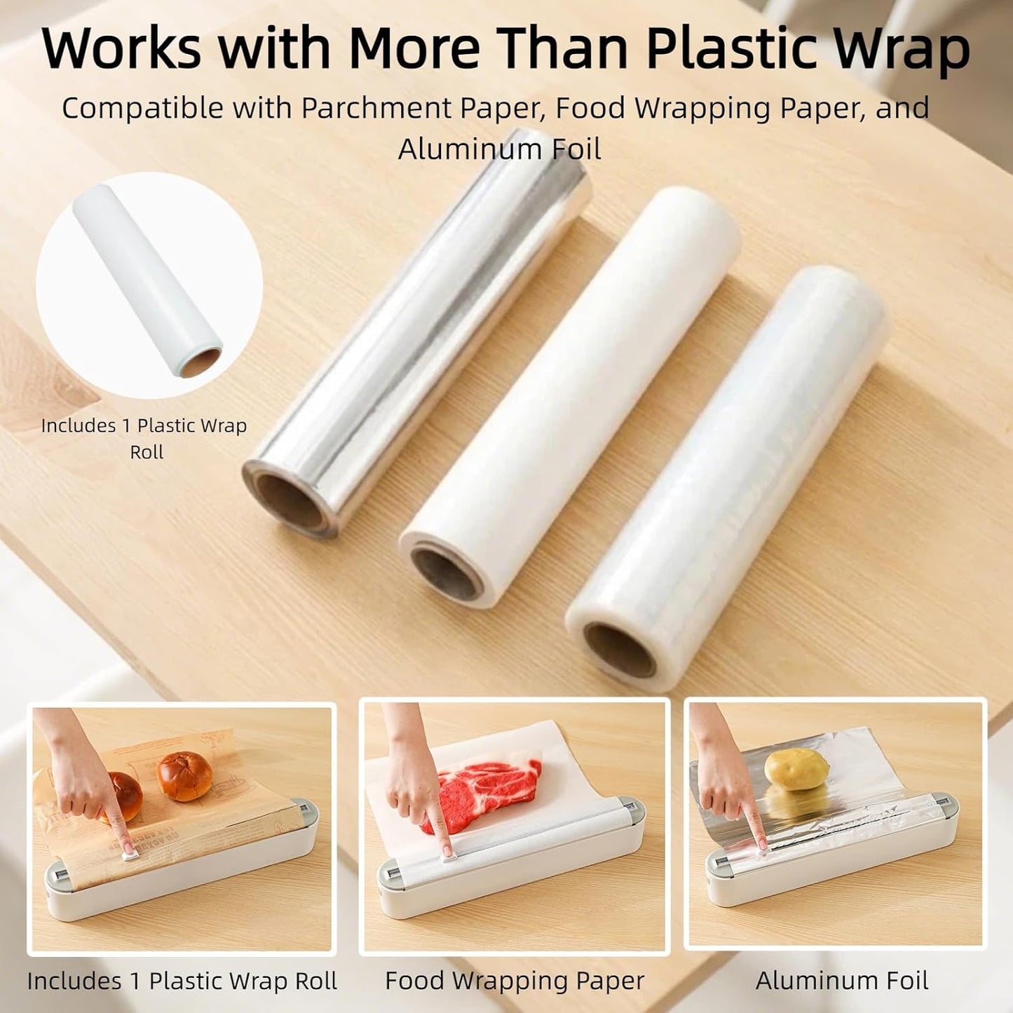 Fits 12" Rolls Up to 1.45" Diameter, Plastic Wrap Dispenser with Cutter | Includes 100 ft plastic wrap; fits slim 12" rolls up to 1.45" diameter. Magnetic mount; not for jumbo or commercial rolls.