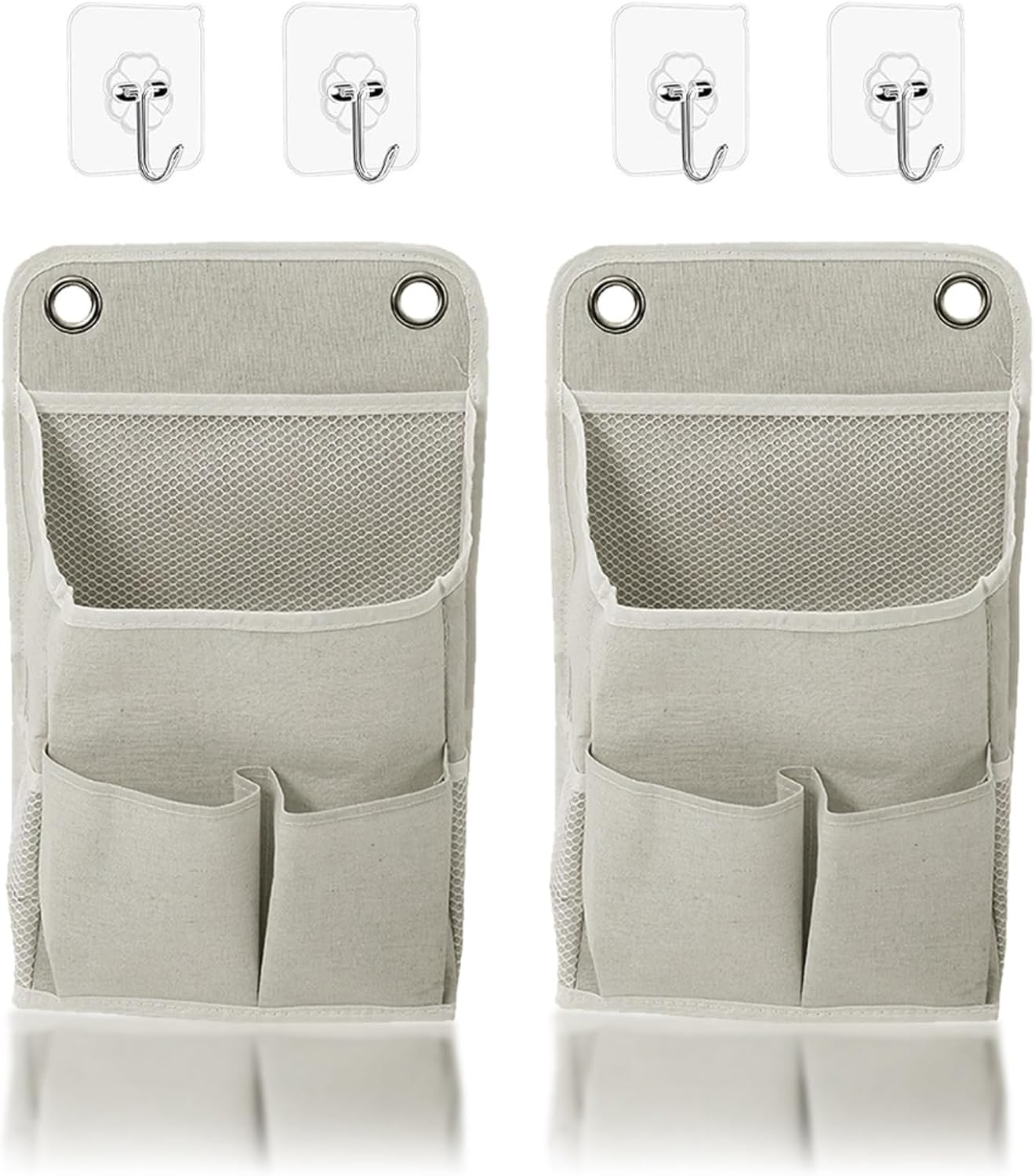 Wall Hanging Storage Bag, 2Pcs 5 Pocket Hanging Storage Bag Bedside Caddy Organizer for Bed for Bunk Bed Dorm Room Hospital, Holds Phone Glasses Book Remote, Fits Bed Rail Headboard, Grey