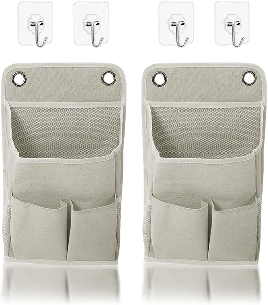 Wall Hanging Storage Bag, 2Pcs 5 Pocket Hanging Storage Bag Bedside Caddy Organizer for Bed for Bunk Bed Dorm Room Hospital, Holds Phone Glasses Book Remote, Fits Bed Rail Headboard, Grey