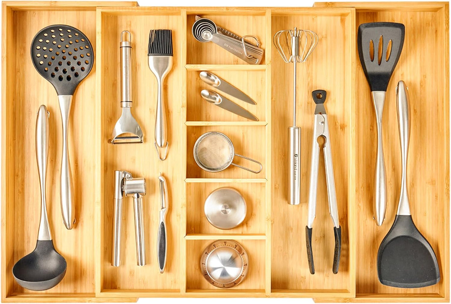 Large Expandable Kitchen Silverware Utensils Drawer Organizer, 2.5" Extra High Adjustable Drawer Divider with Curved Grooves, Bamboo Wood Cutlery Tray Flatware Holder