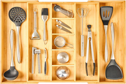 Large Expandable Kitchen Silverware Utensils Drawer Organizer, 2.5" Extra High Adjustable Drawer Divider with Curved Grooves, Bamboo Wood Cutlery Tray Flatware Holder