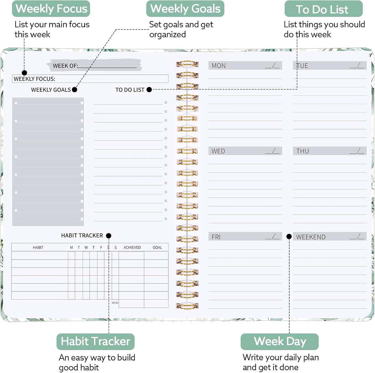 Thboxes A5 Weekly Planner Notebook, 52 Week Undated Journal for Women, Pink