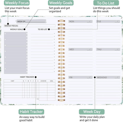Thboxes A5 Weekly Planner Notebook, 52 Week Undated Journal for Women, Pink