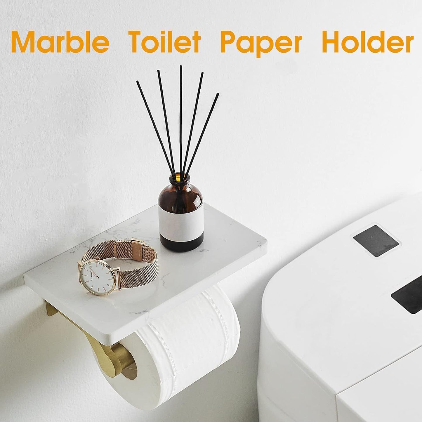 Hoimpro Toilet Paper Holder Wall Mounted, Marble Tissue Roll Rack | Brushed Gold | White Natural Marble Shelf Hand Paper Roll Holder, for Bathroom Kitchen Washroom Bedroom Aluminum