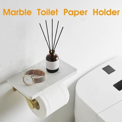 Hoimpro Toilet Paper Holder Wall Mounted, Marble Tissue Roll Rack | Brushed Gold | White Natural Marble Shelf Hand Paper Roll Holder, for Bathroom Kitchen Washroom Bedroom Aluminum