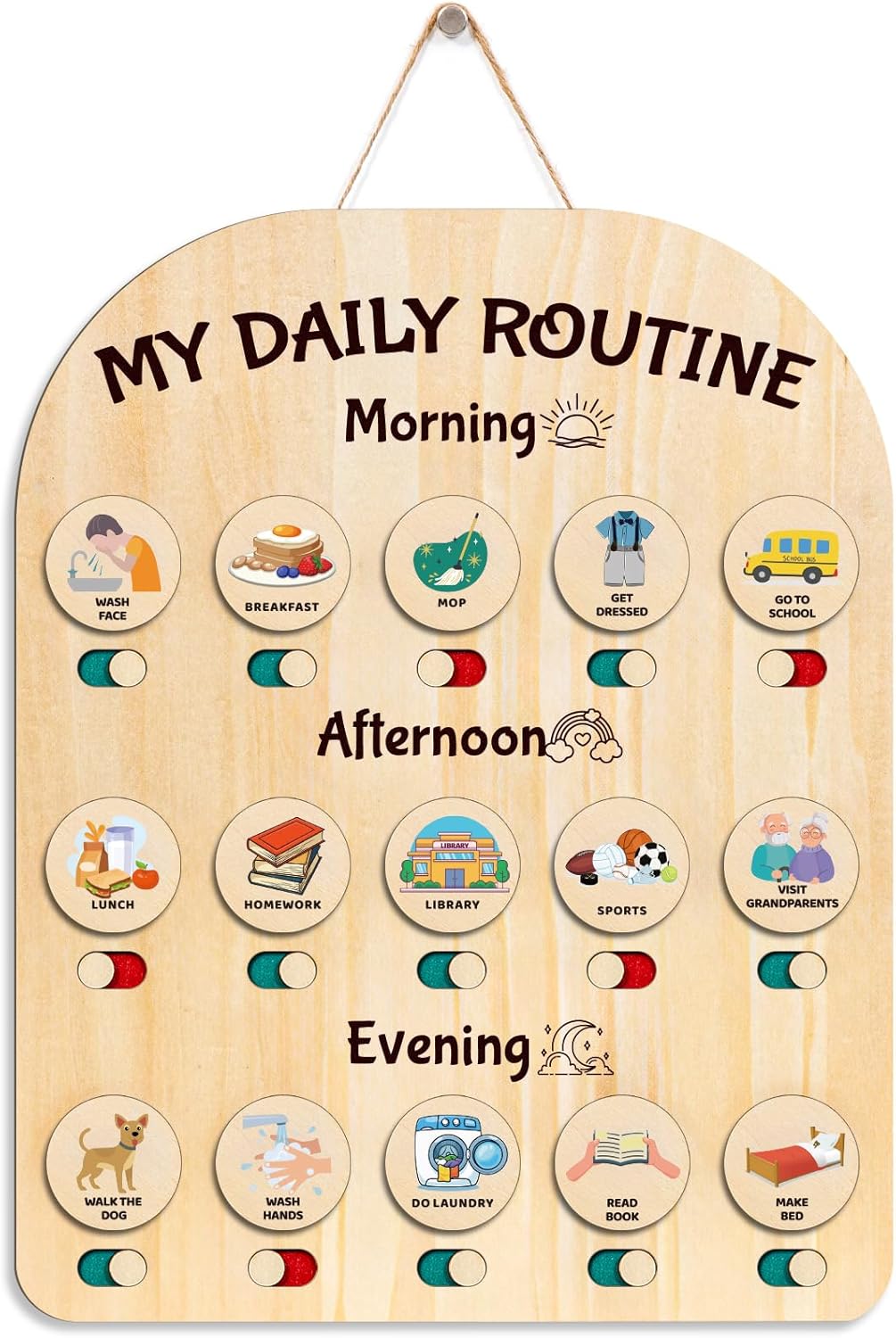 Wooden Chore Chart for Kids, Daily Visual Routine Schedule Educational Gift | 80 Task Cards & Sliding Buttons | Morning & Bedtime Responsibility Board for Toddlers Ages 3-5 | Montessori Educational Gift