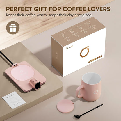 Coffee Cup Warmer & IKAGO Mug Set, 1℉ Precise Temp Control Mug Warmer | Auto Shut Off, Infrared Sensor, Dual Temp Display, ℉/℃ Optional, 15oz Mug with Spoon & Lid Included, Gifts for Men Women