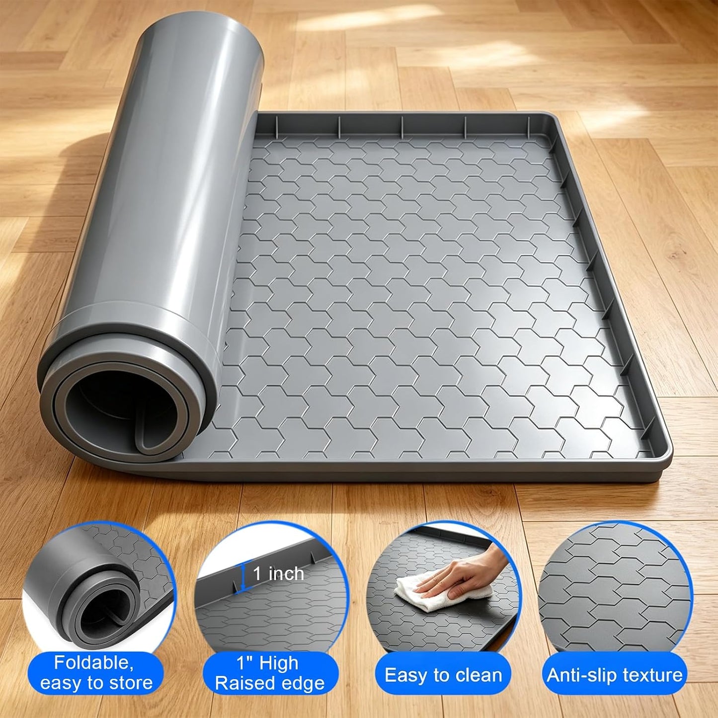Silicone Washing Machine Drain Pan, 32"x 30" Raised Edge Drip Tray | Thickened silicone; Anti-slip & anti-vibration; Soft & foldable; Protect floors & laundry rooms; Fits most washer or dryer