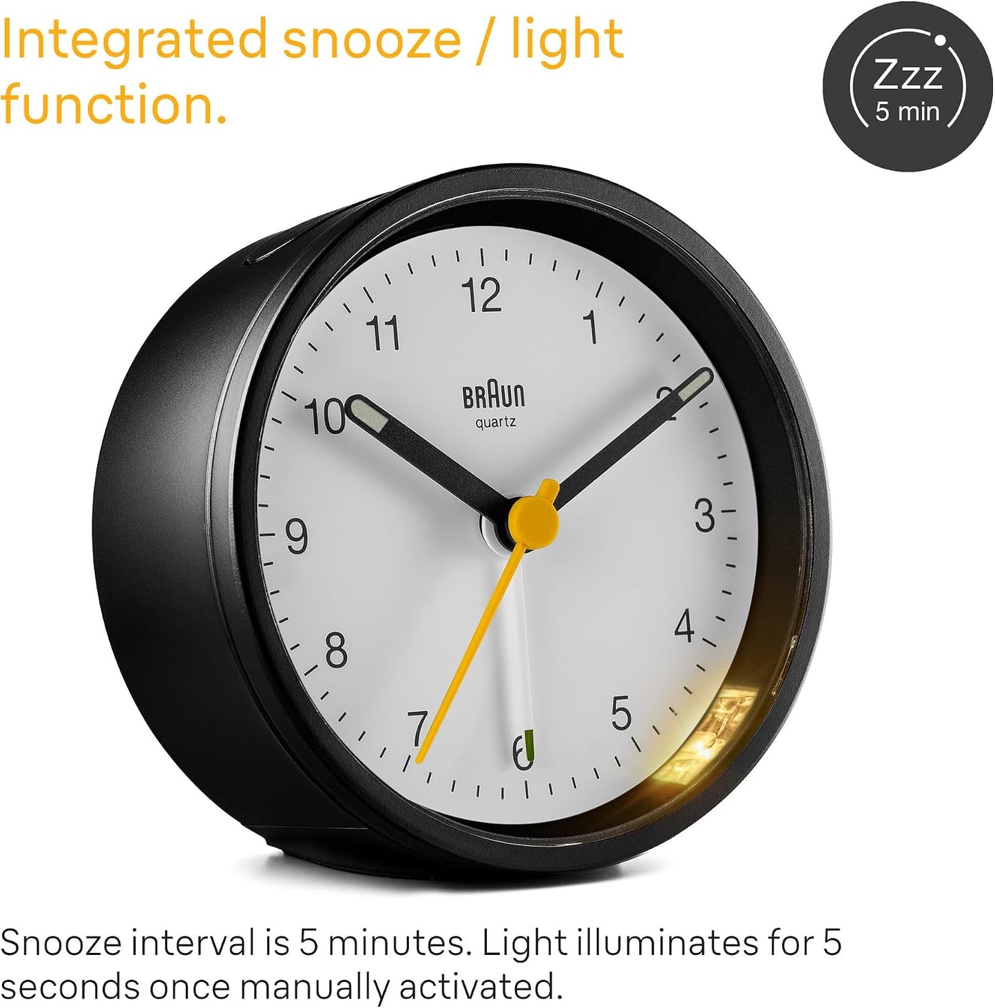 Braun Classic Analogue Alarm Clock with Snooze and Light, Quiet Quartz Movement, Crescendo Beep Alarm in White, Model BC12W.