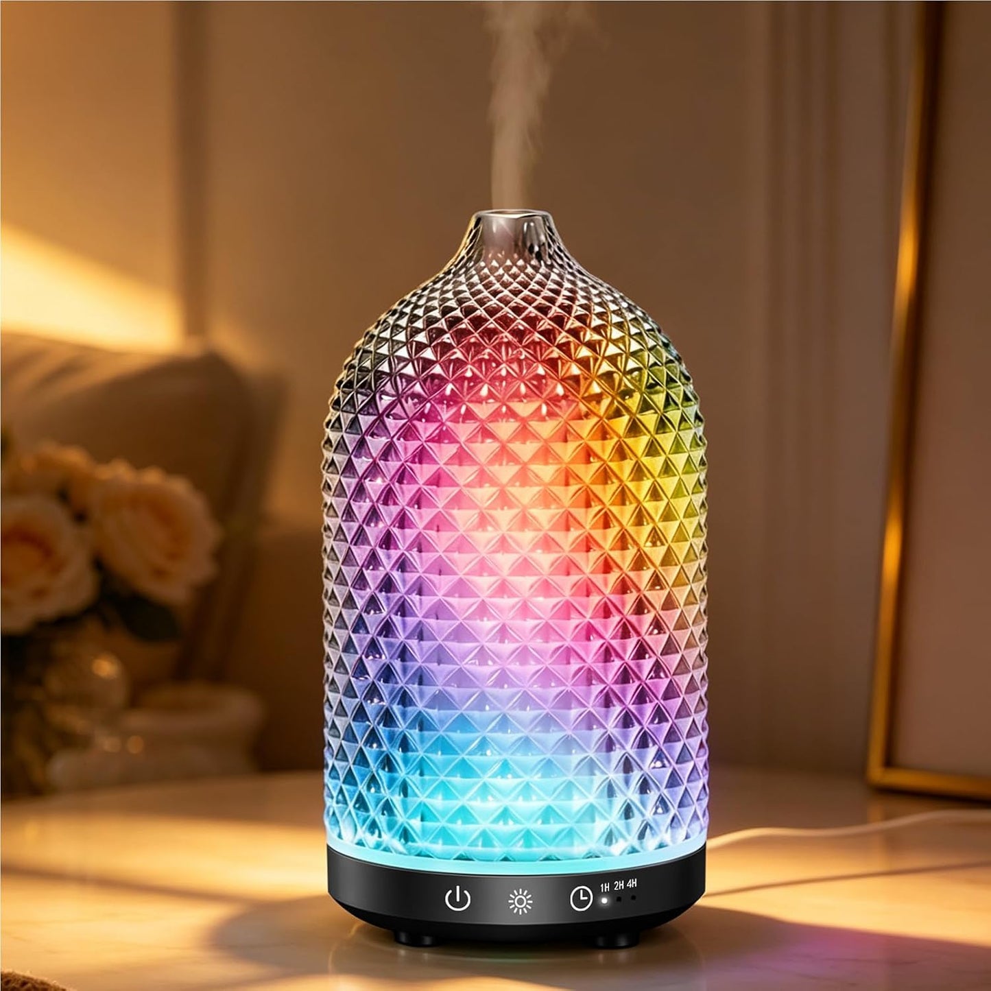 Essential Oil Diffuser 150ml, Glass Diffuser with Ultrasonic Small Humidifier, 7 Color Lights, 1/2/4H Timer, Quiet Auto Shut-Off Oil Diffuser for Bedroom, Home, Office (Silvery)