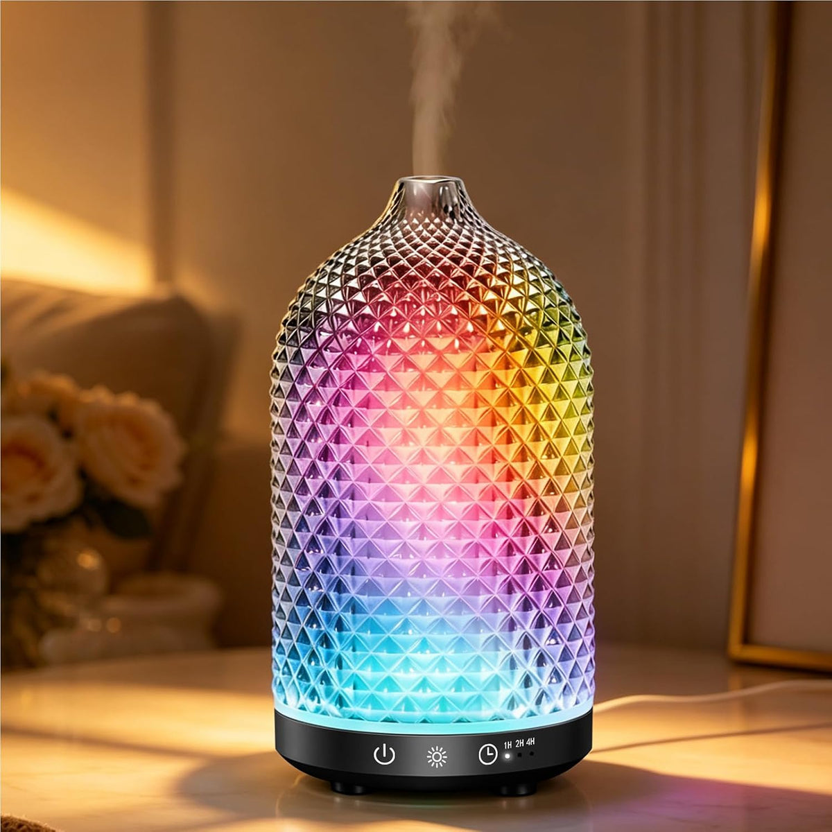 150ML Glass Essential Oil Diffuser, Ultrasonic Aromatherapy Diffuser with 7-Color LED Lights, 1/2/4H Timer, Quiet Cool Mist and Waterless Auto Shut-Off for Bedroom, Home, Office (Silver)