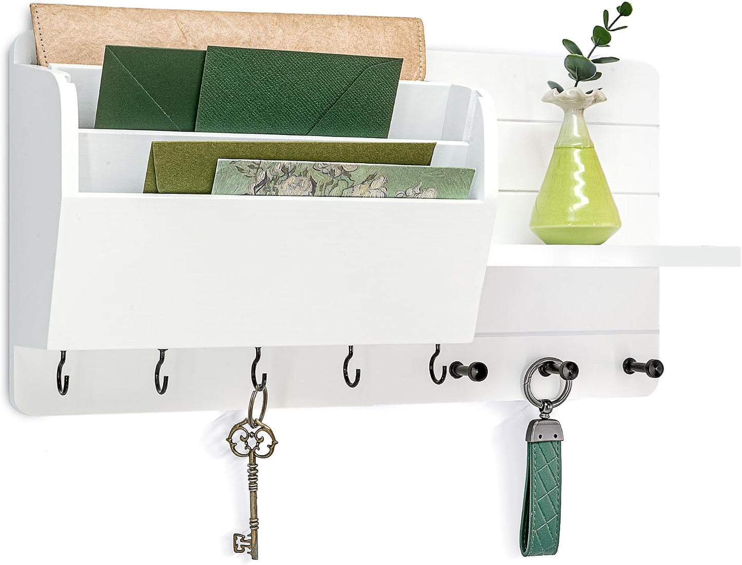 Rebee Vision Pine Wood Key Holder Wall Mount with Mail Sorter, Light Brown | Display Shelf, 8 Key Hooks, 3 Mail Sorters, Mail Organizer for Letters, Papers, Key Holder for Wall, Keep Entryways Tidy