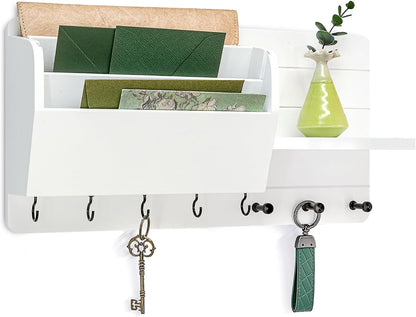 Rebee Vision Pine Wood Key Holder Wall Mount with Mail Sorter, Light Brown | Display Shelf, 8 Key Hooks, 3 Mail Sorters, Mail Organizer for Letters, Papers, Key Holder for Wall, Keep Entryways Tidy
