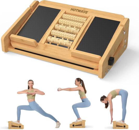 Slant Board for Calf Stretching with Foot Massage Roller | Calf Stretcher for Exercise, Portable Adjustable Bamboo Incline Slantboard for Ankle Knees Leg Physical Therapy Equipment