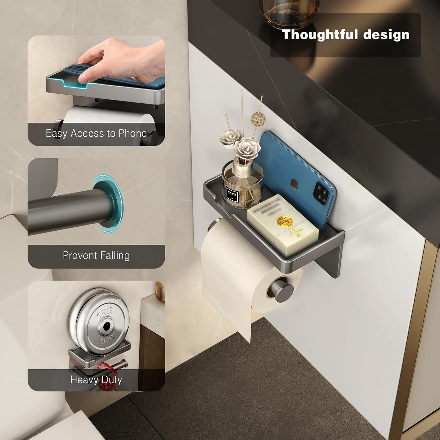 VOLDRA Toilet Paper Holder with Shelf Black Wipes Dispenser for Bathroom Toilet Paper Holder with Storage Upgrade Drawer Design Toilet Tissue Holder Adhesive Small Bathroom Shelf Wall Mount