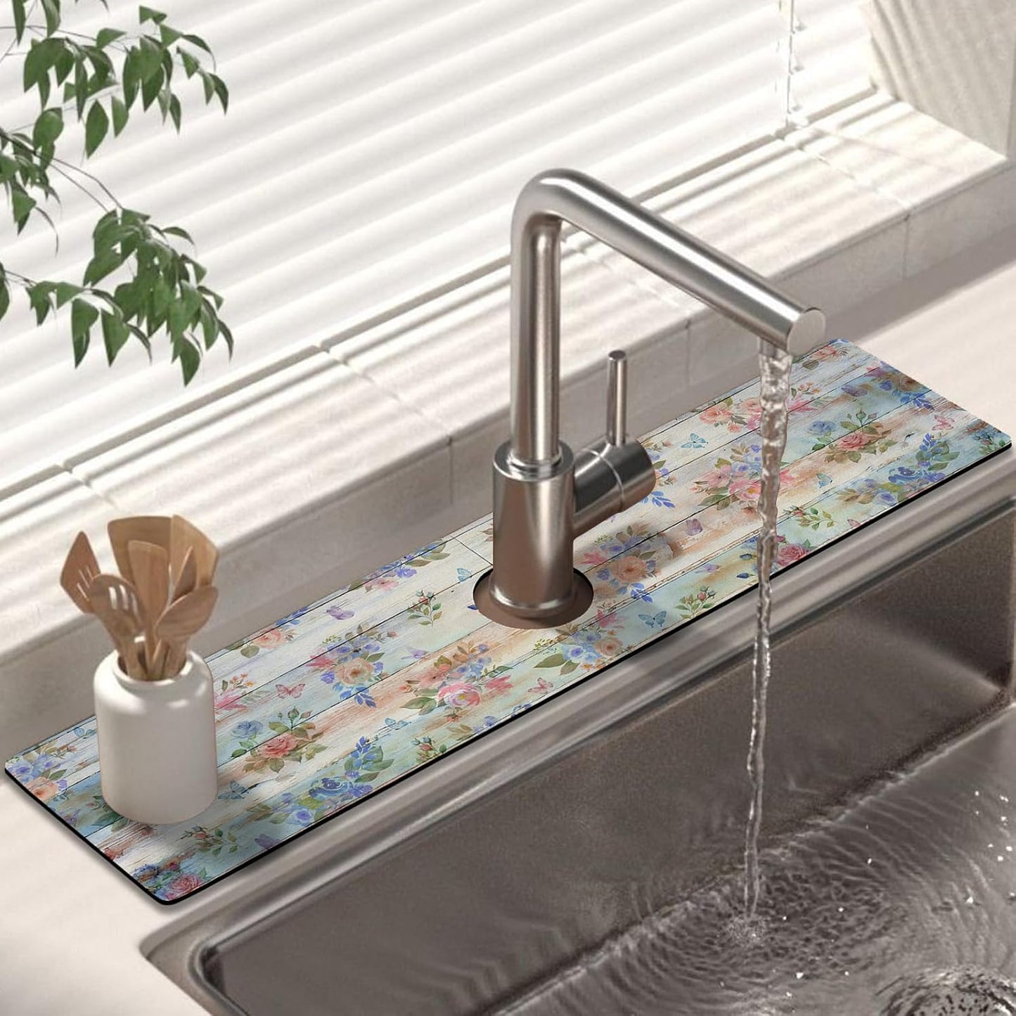 Kitchen Sink Splash Guard Faucet Mat 24" X 5.5" Tropical Leavesl Absorbent Fast Drying Mat Faucet Draining Mat Sink Splash Guard Behind Faucet Drip Catcher for Kitchen Bathroom
