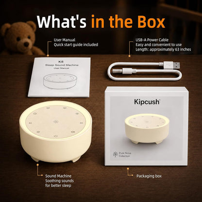Kipcush White Noise Machine for Sleeping, Baby & Adults, High-Fidelity Non-Looping Sounds, Sleep Sound Machine with Dimmable Night Light, USB Powered, Memory Function, Home, Nursery & Travel