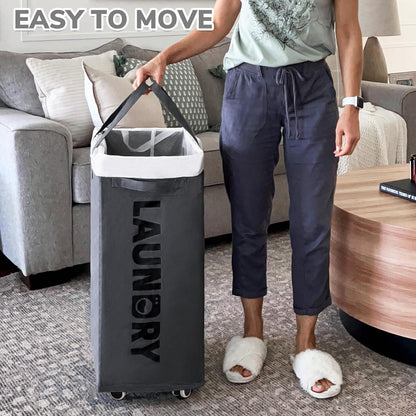 CHICVITA 75L Large Rolling Laundry Basket with Wheels & Wash Bag, Grey | Collapsible design saves space for corner dorms. Removable wash bag for easy laundry transport