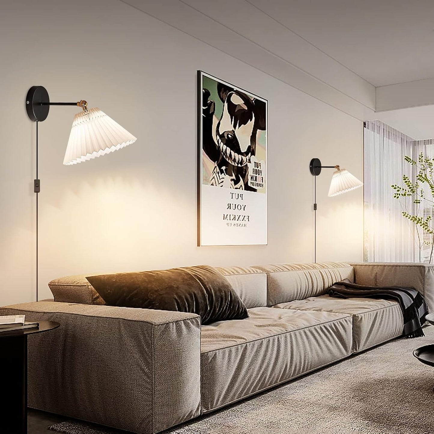 Wall Sconces Plug in, Swing Arm Wall Lamp with Power Cord, White Plug in Wall Lighting Fixtures Set of Two, Bedside Wall Mounted Reading Lamp with Switch, for Bedside Bedroom Hallway
