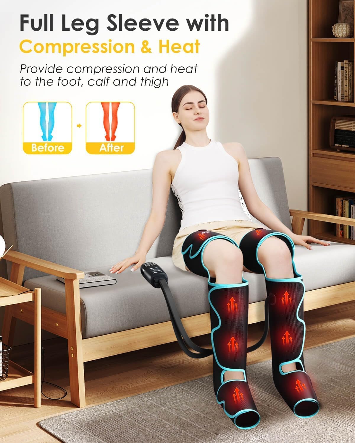 SLOTHMORE Leg Massager with Air Compression for Circulation, 3-in-1 Full Leg Heating for Foot Calf Thigh, 4 Modes 4 Intensities 2 Heat Levels, Compression Device for Swollen Legs, RLS Pain Relief