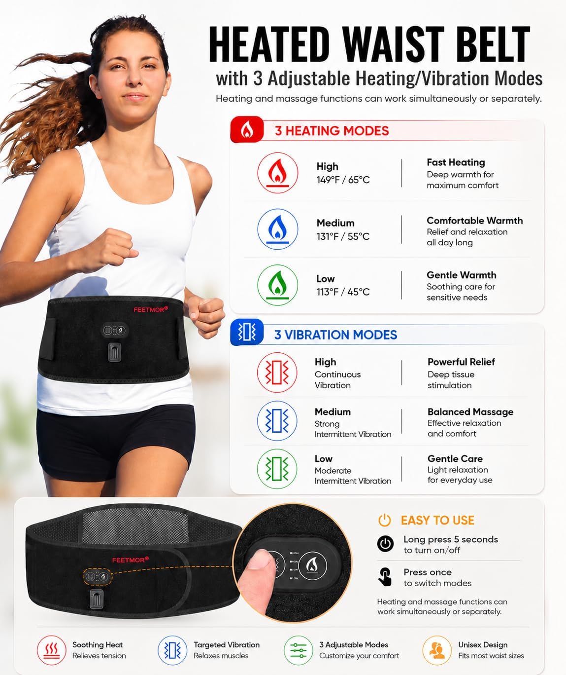 Heated Waist Belt, Cordless Lower Back Heating Pad, Black | Supports both battery-powered and adapter-powered use,Three-level adjustable temperature, rechargeable battery