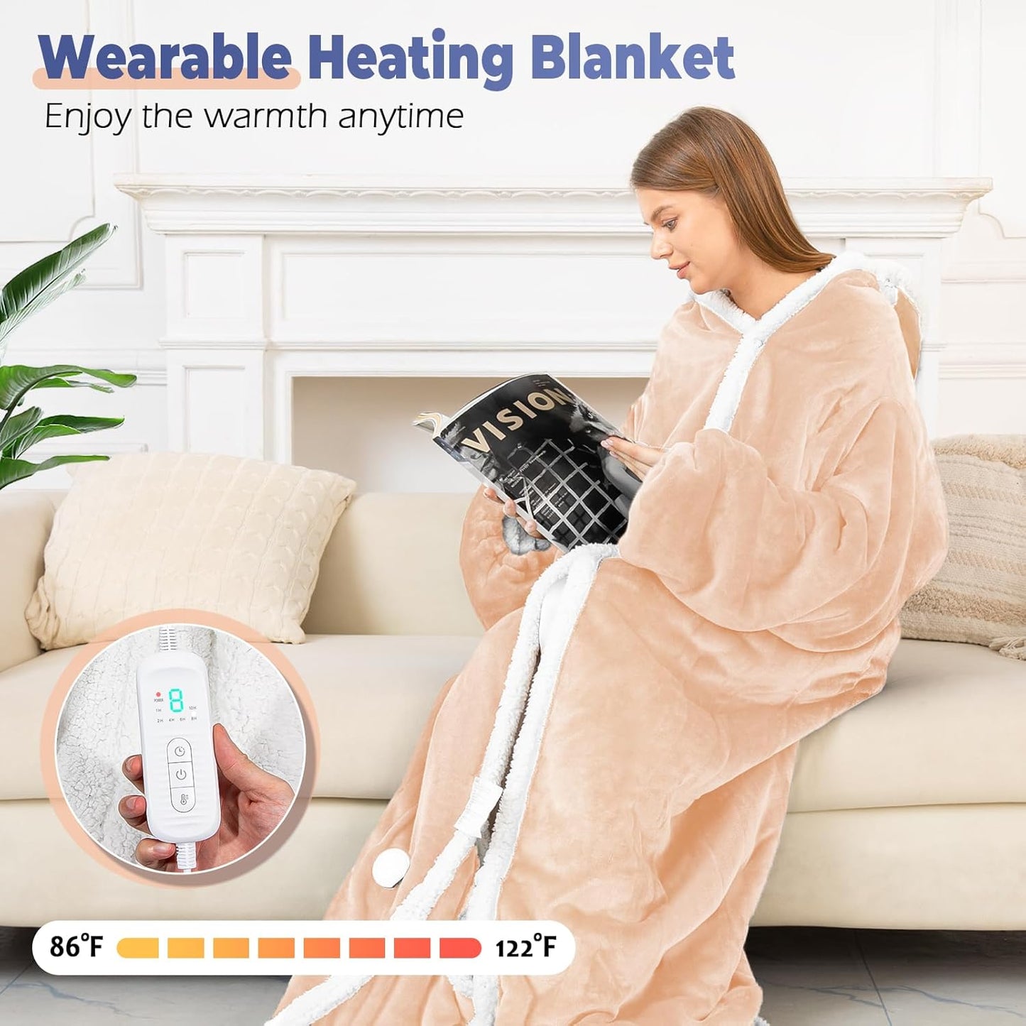 Wearable Heated Blanket with Foot Pocket, Electric Wearable Throw Blanket with Sleeves, Hood, Portable Heated Blanket with 8 Heat Settings, 1-10 Hours Auto Shut-off, Gift for Family, Friends, 50*70"